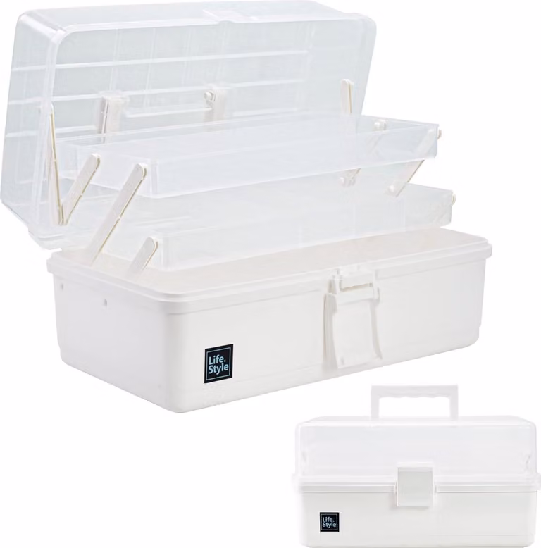 Scatola portaoggetti Art Craft con 3 livelli - Scatola portaoggetti multifunzionale in plastica con maniglia - Per cucito, trucco, medicine - Unghie, accessori per capelli per bambini (bianco)
