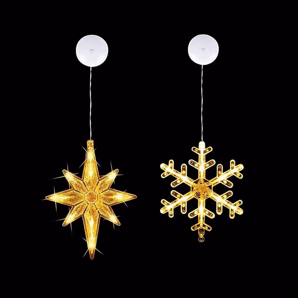 Set di 2 luci natalizie con ventosa, a forma di fiocco di neve e pinguino, luce bianco caldo