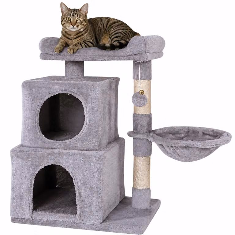 tiragraffi per gatti lionto, 70 cm con 2 grotte, mangiatoia, lettino e palla da gioco, robusto e accogliente, grigio chiaro