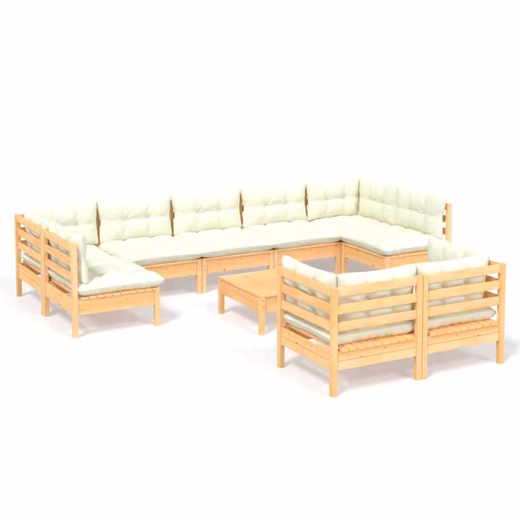 Set Divani da Giardino 10 pz con Cuscini Crema Massello di Pino