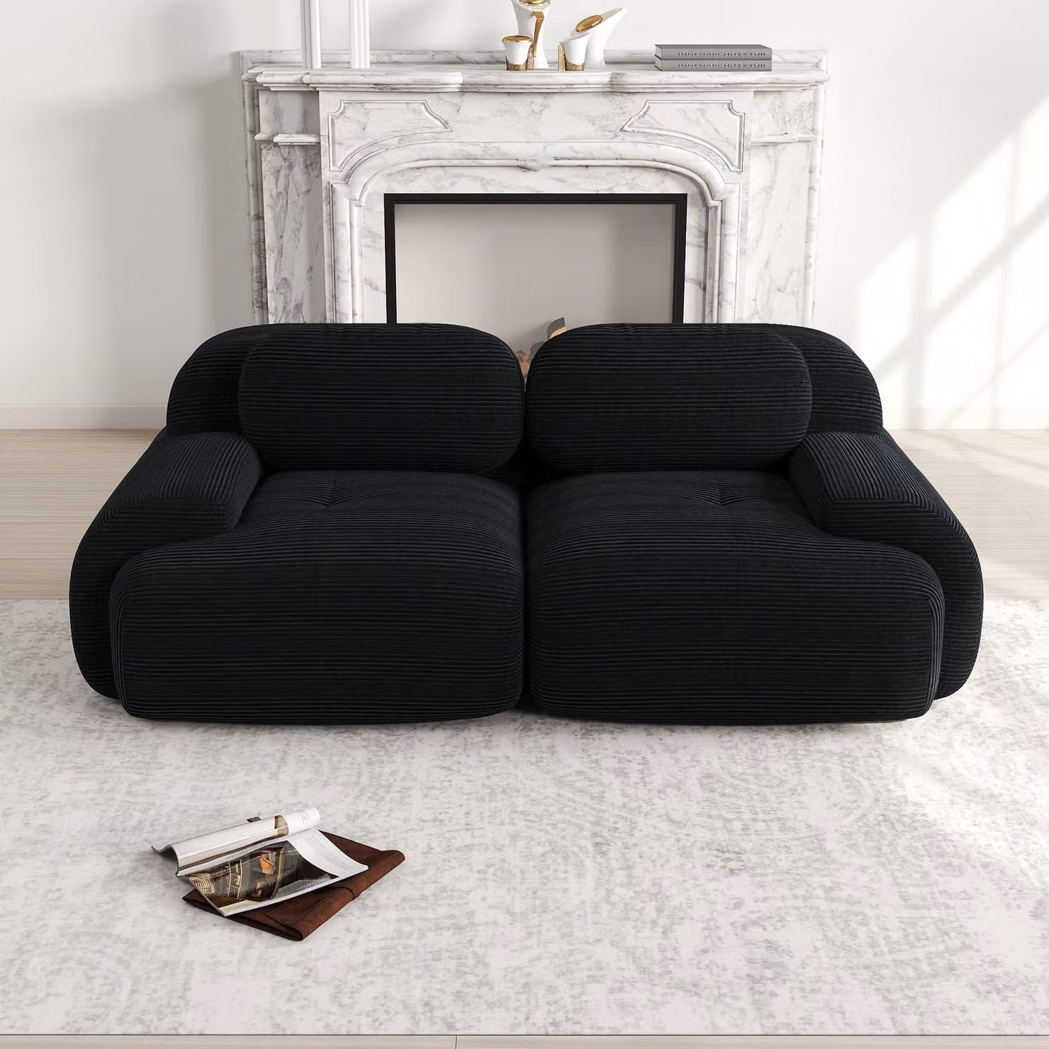 Divano Sweiko 82'' in tessuto a coste, componibile con braccioli curvi e fondo antiscivolo, rivestimento altamente elastico per soggiorno, camera da letto e home cinema, Nero