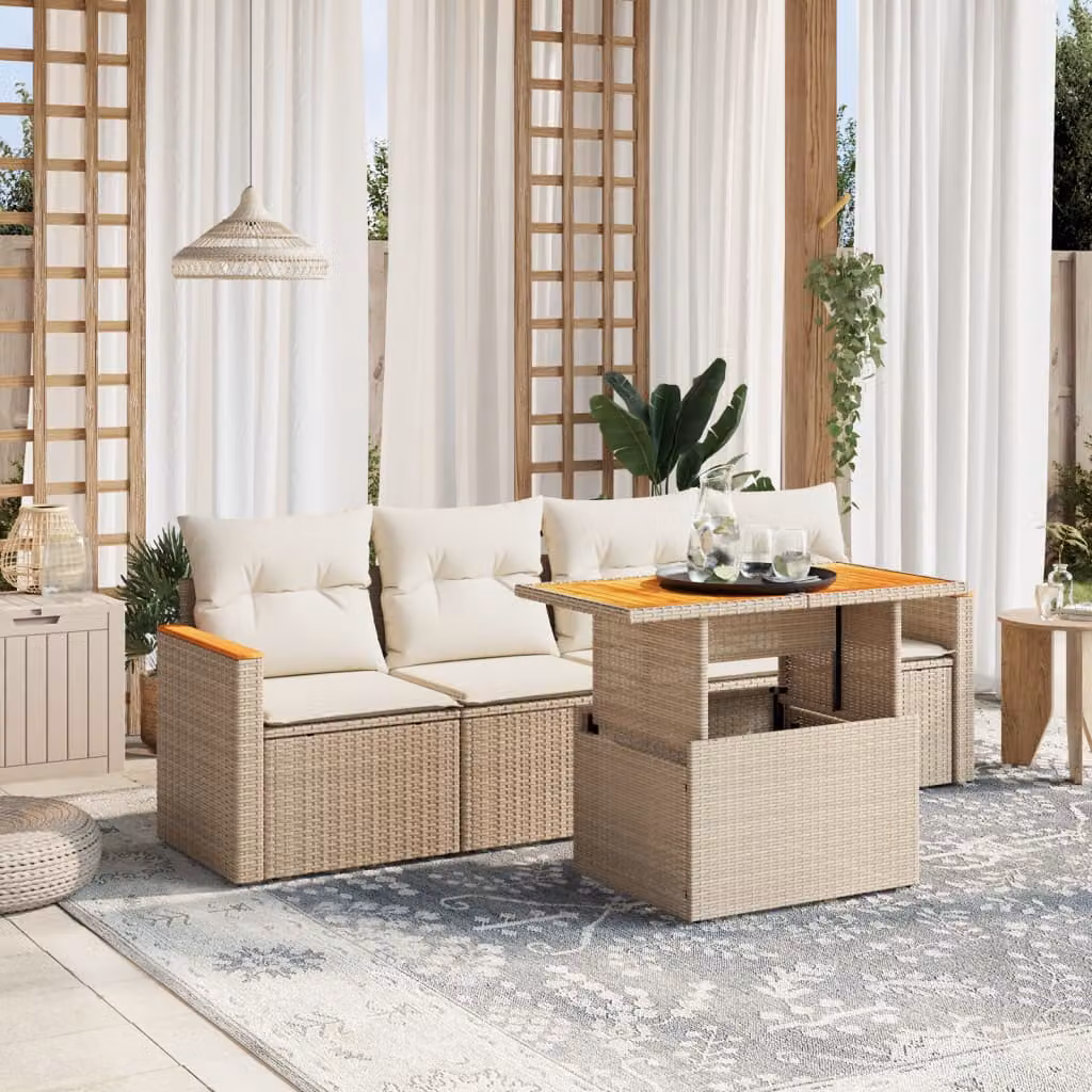 vidaXL Set Divano da Giardino 5 pz in Polyrattan con Cuscini Beige e Tavolino da Esterno – 1