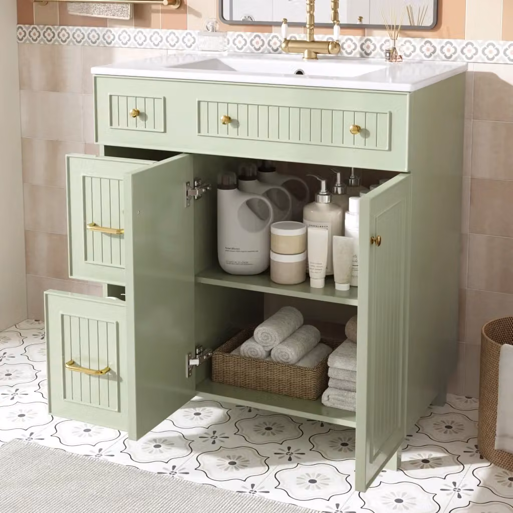 Mobile bagno moderno verde con lavabo in ceramica e spazio contenitivo L: 81.7 cm, P: 46.8 cm, H: 90 cm – 2