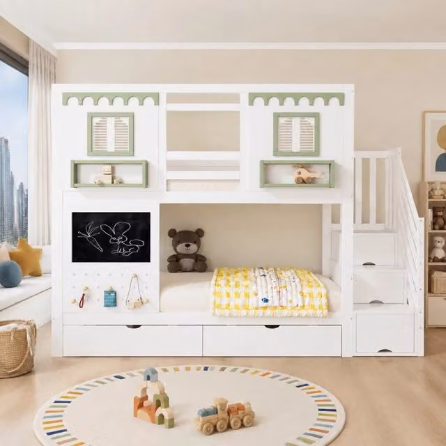 Letto a castello per bambini 90x200 cm in pino; MDF e compensato; Bianco+Verde