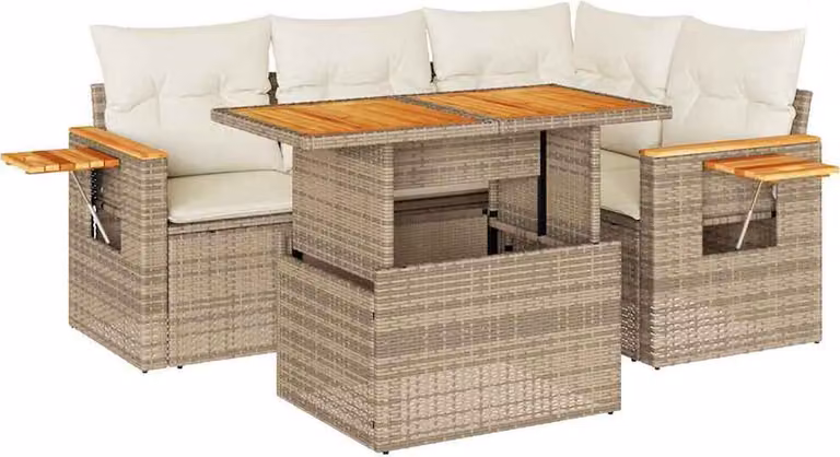 Set Divano da Giardino 5 pz con Cuscini Beige Polyrattan Acacia