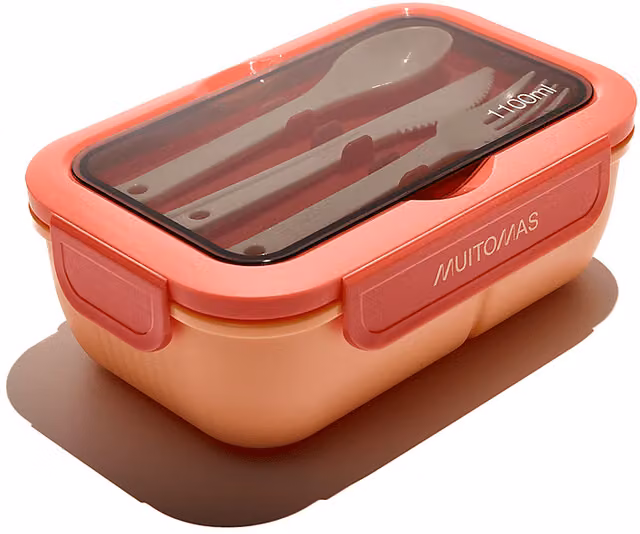 Lunch Box Muitomas Arancione con Posate, Scompartimenti e Chiusura a Clip, 1100 ml