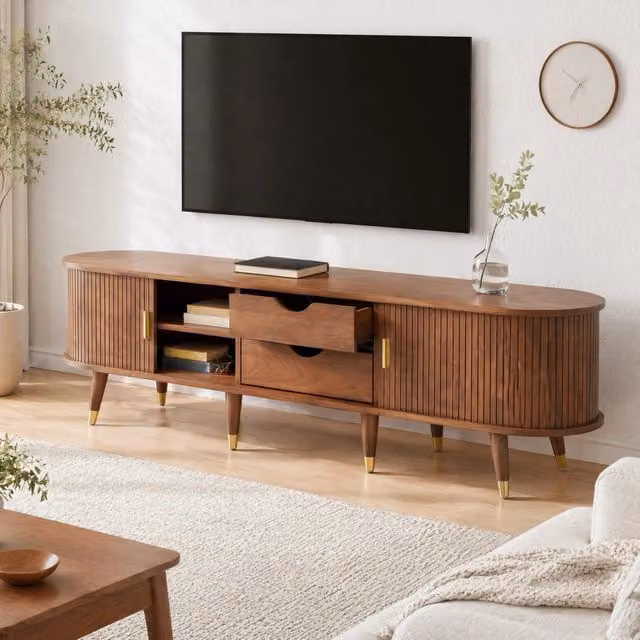 Mobile TV MODFU in MDF con sportello scorrevole in rattan, colore marrone, L: 175 cm, P: 38 cm, H: 45 cm
