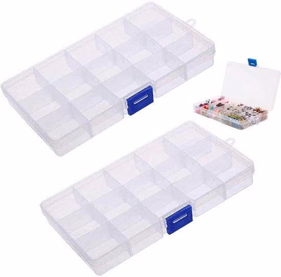 Contenitore Unyqoos® con 15 scomparti regolabili – scatola in plastica trasparente PP per gioielli, perline e piccoli oggetti, con foro per appendere e chiusura sicura