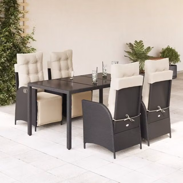 Set da Pranzo da Giardino 5 pz Nero con Cuscini in Polyrattan 3213316