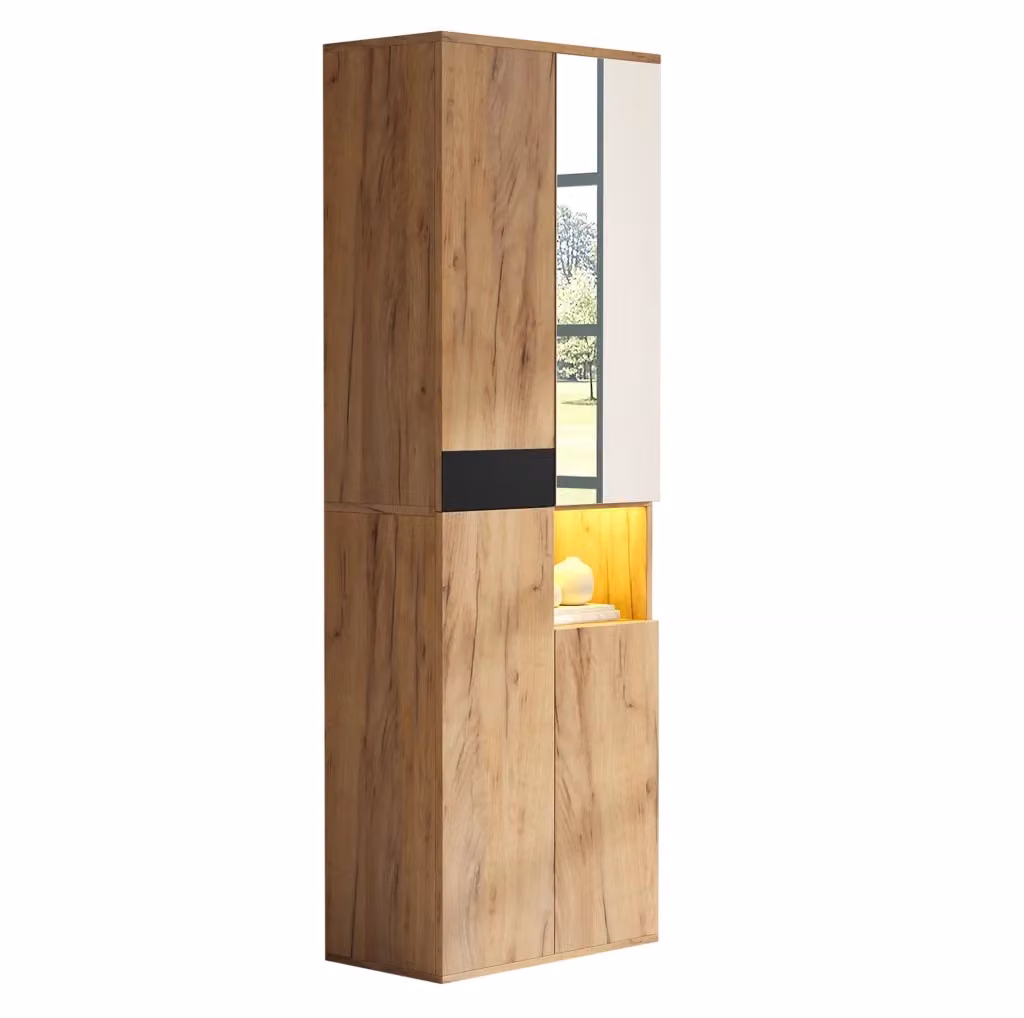 Armadio alto MODFU con specchio e vano a giorno, nero e marrone, L 65 cm x P 35 cm x H 190 cm – 2