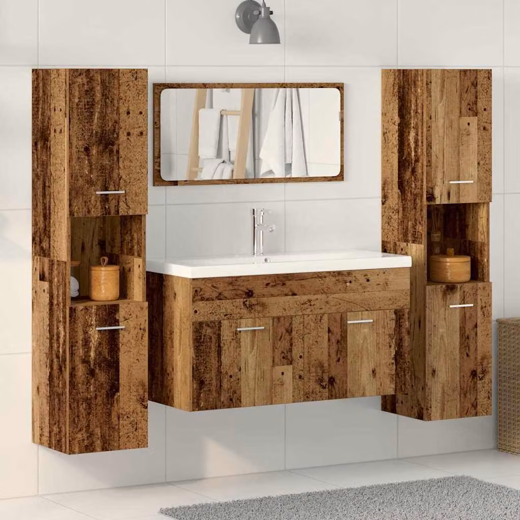 Set di mobili da bagno vidaXL 4 pezzi in stile classico color marrone con mobile lavabo, armadietto con specchio e pensili in legno e vetro