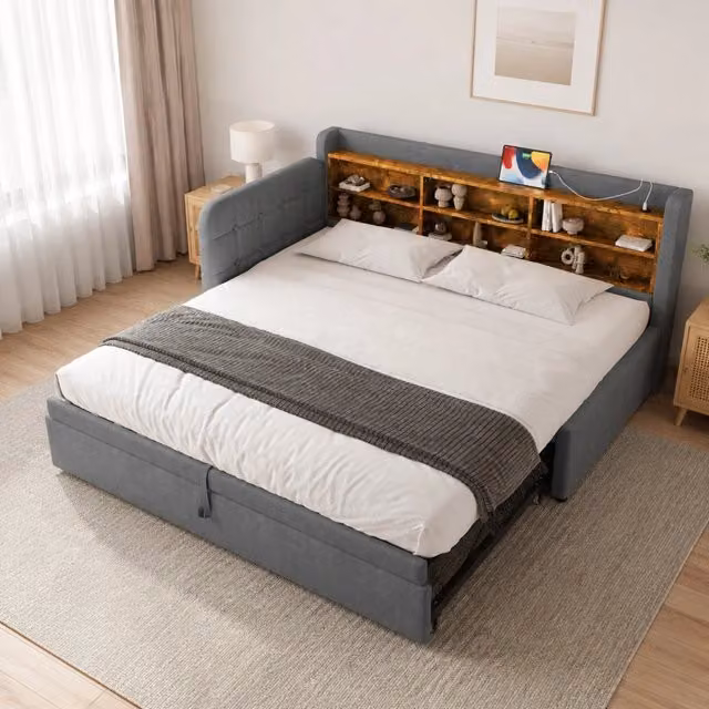 Letto daybed estraibile 90x200 cm in lino grigio con porte USB e Tipo C; testiera con bottoni
