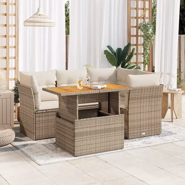 Set Divano da Giardino a L vidaXL in Polyrattan con Cuscini Beige e Tavolino da Esterno