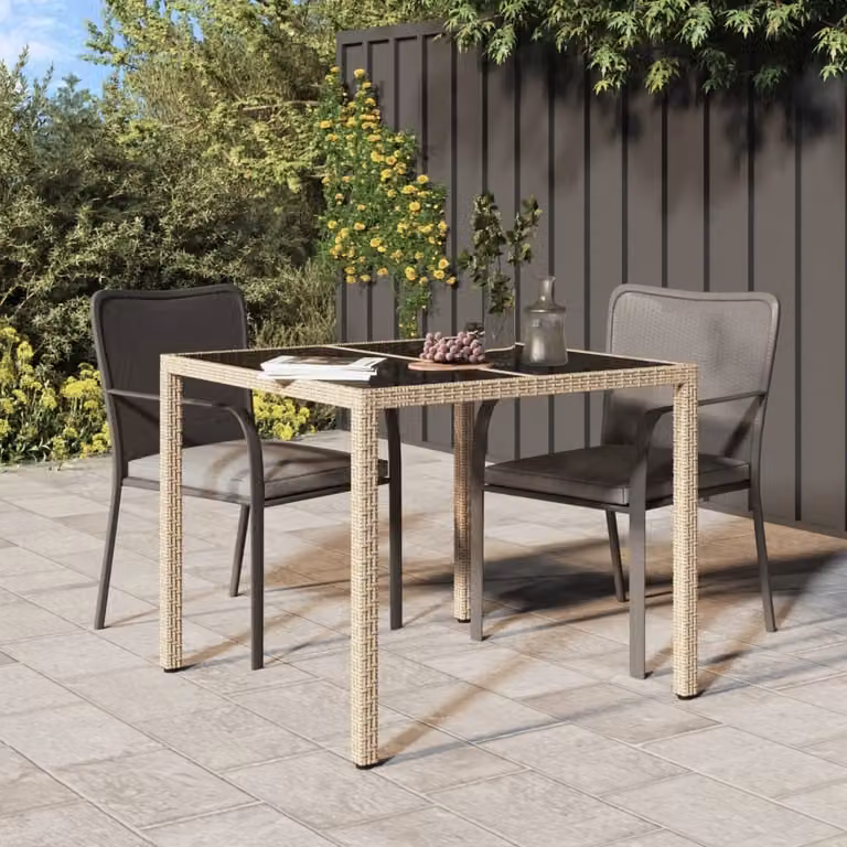 The Living Store Tavolo da giardino 90x90x75 cm Vetro temperato Poly Rattan Beige