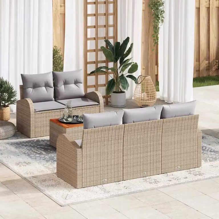 Set Divano da Giardino vidaXL 6 Pezzi Beige con Cuscini e Tavolino in Polyrattan e Acciaio
