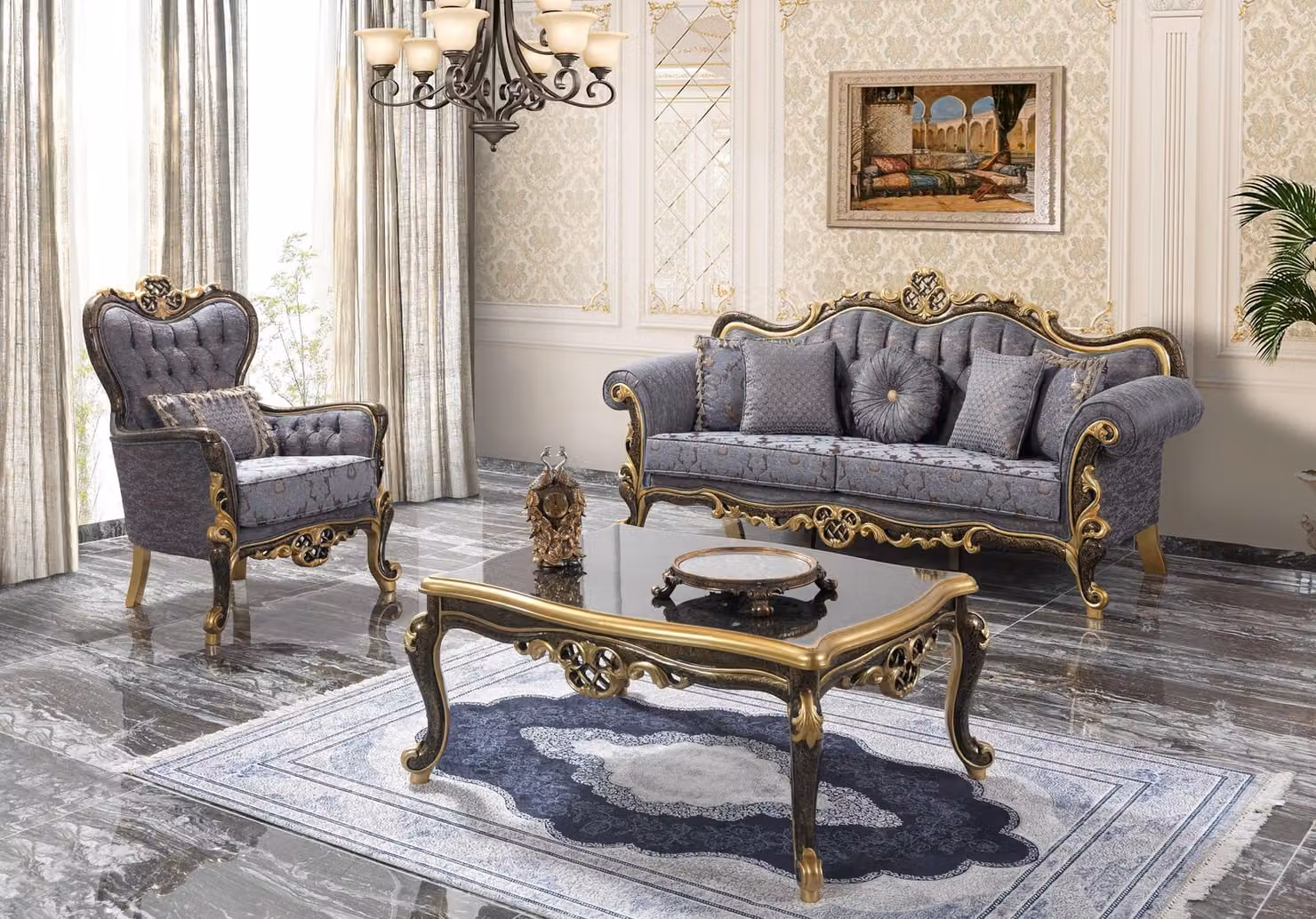 Chesterfield Sofagarnitur Polstersofa Sofa Blau Dreisitzer Sessel Set