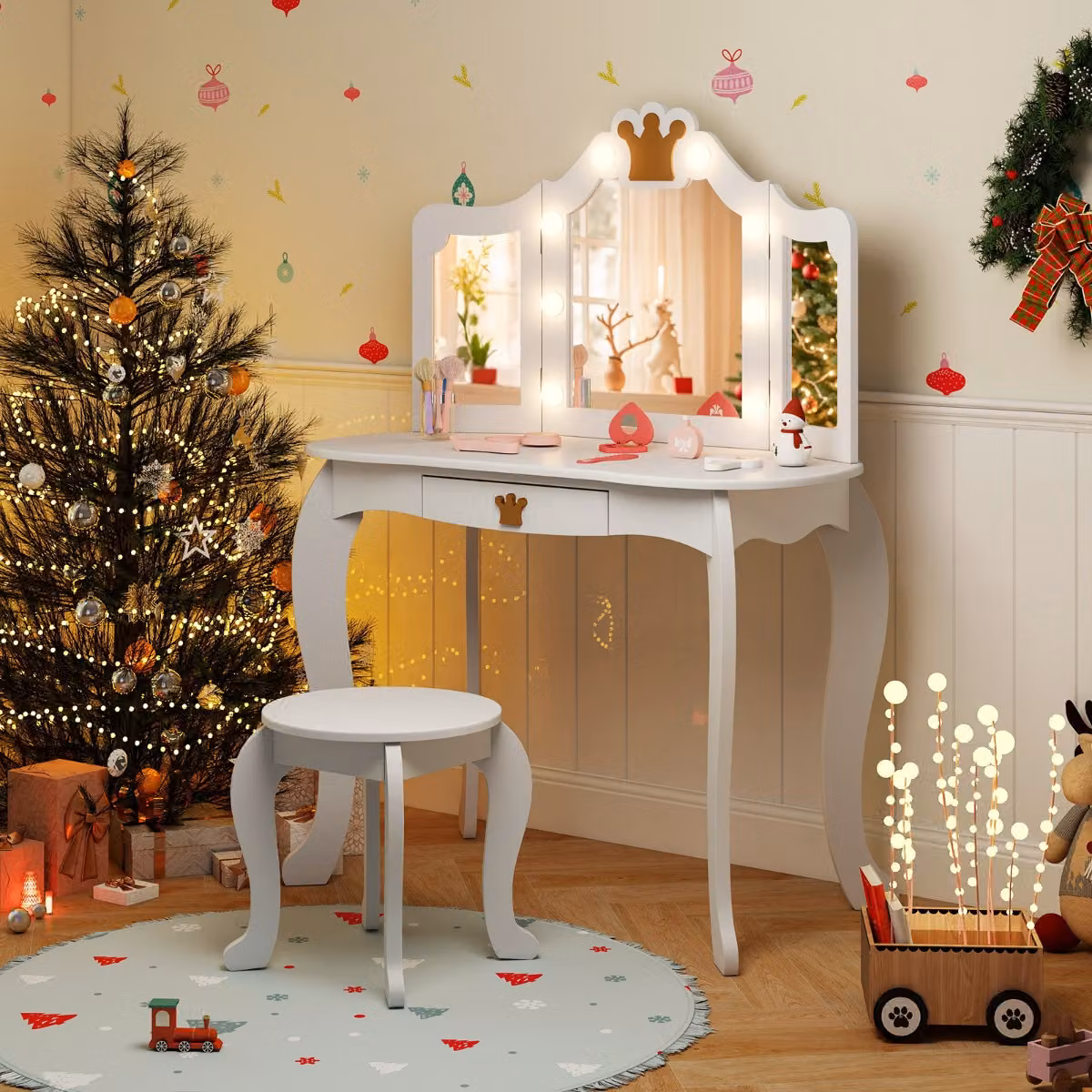 Set da trucco Costway per bambini con specchio illuminato, tavolo e sedia in MDF bianco o rosa – 2