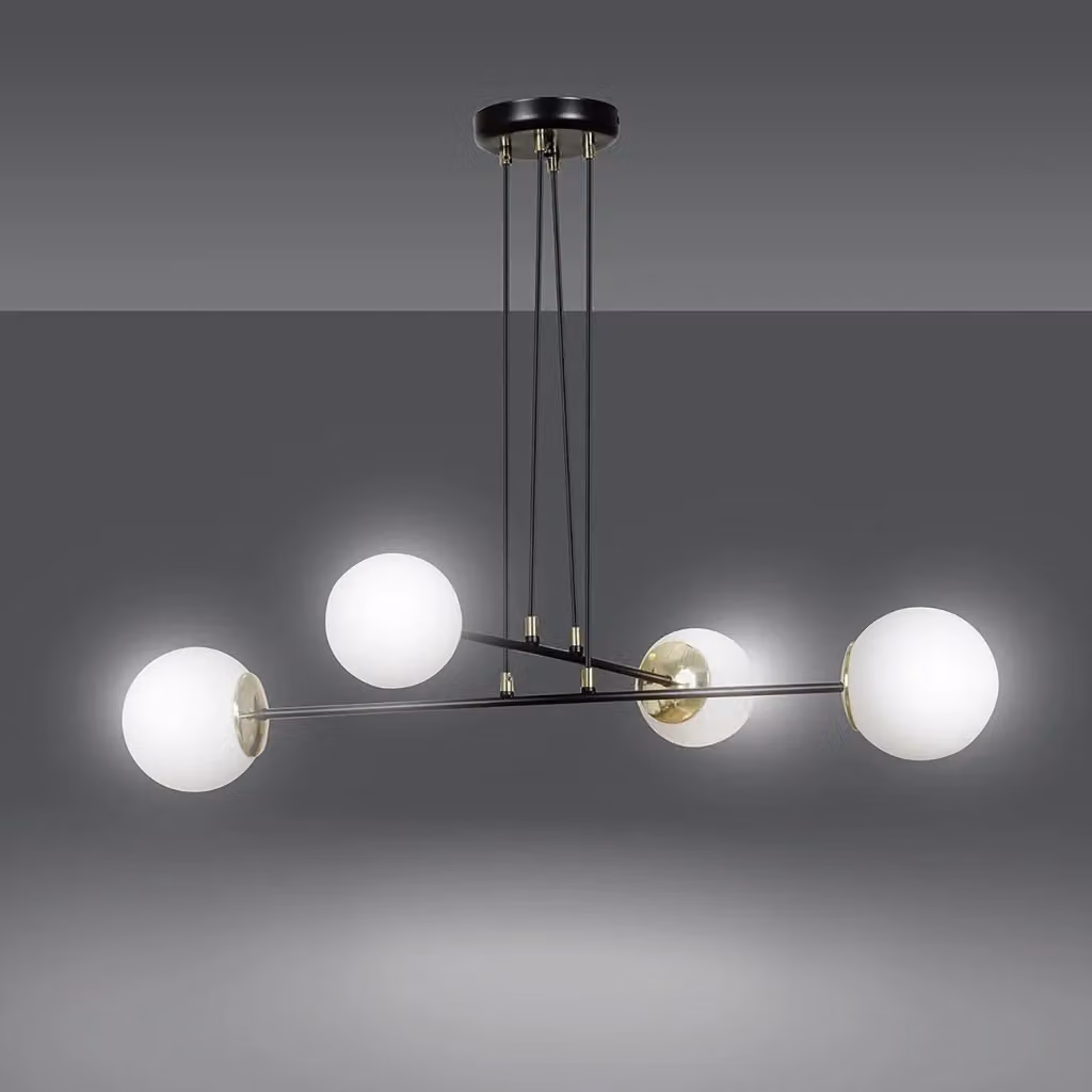 Lampadario Moderno Sospeso Luceart-Classic con 4 Luci a Sfera in Vetro Opale Bianco e Acciaio Nero e Oro – 2