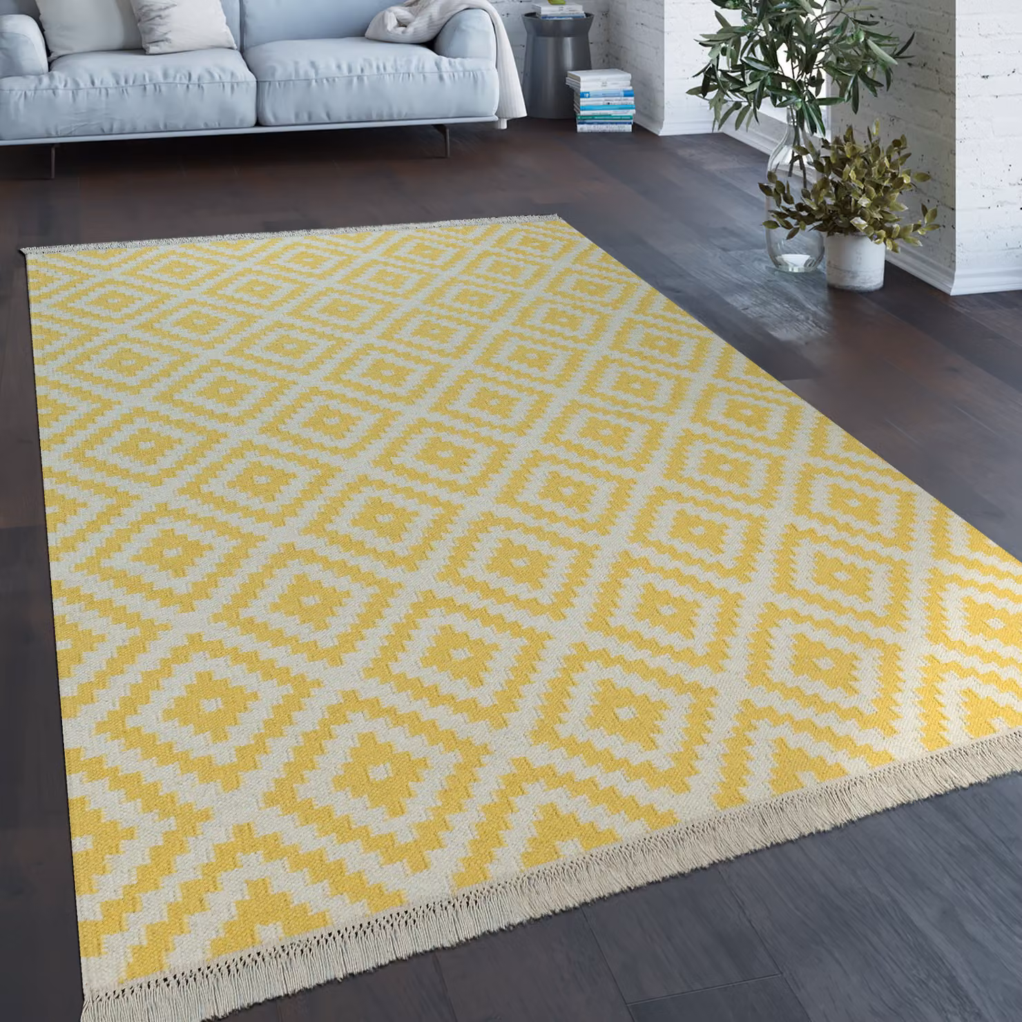 Tappeto Kenolia in lana e cotone giallo e bianco con frange, stile marocchino e scandinavo, L: 120 cm x P: 170 cm – 2