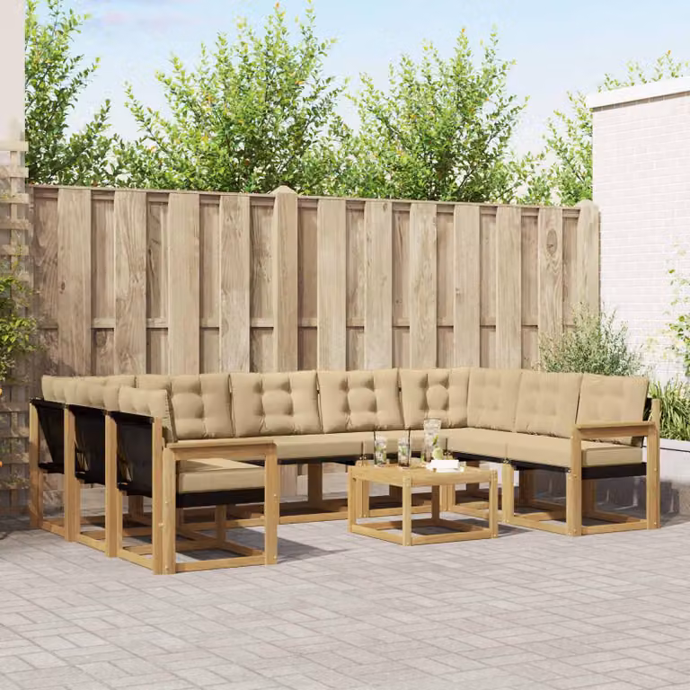 vidaXL Set di divani da esterno componibile 10 pezzi in legno di acacia con cuscini bianchi e beige