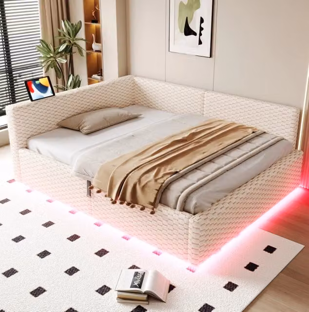 Letto imbottito 140 x 200 cm beige in velluto con contenitore idraulico e LED