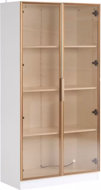 Vetrinetta Moderna con Ante in Vetro e Illuminazione Integrata, Ripiani Interni e Doppie Porte, L: 80 cm, P: 40 cm, H: 160 cm, Bianco e Marrone – 1