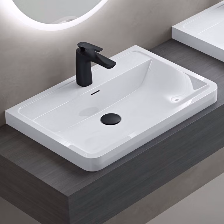 doporro Lavabo da Appoggio, Lavandino Bagno 90x48x14,5cm, Lavabo da Minerale Fuso Colossum08, Bianco lucido