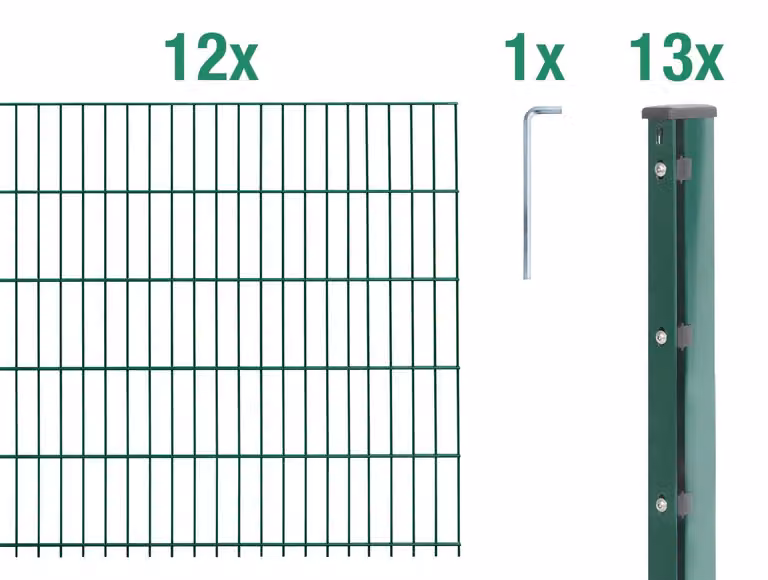 Recinzione a pannelli doppi, modello Alberts 679149, set completo da 26 elementi, rivestita in plastica, colore verde, altezza 63 cm, lunghezza totale 30 metri