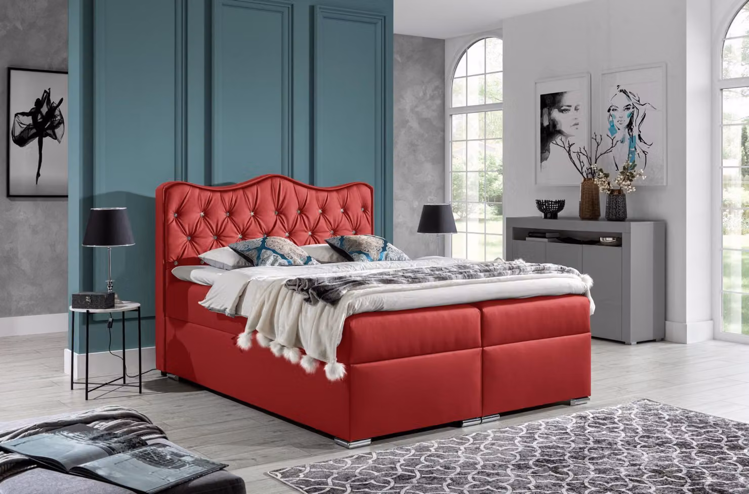 Doppelbett Bett Boxspringbett mit Bettkasten Ehebett Betten Polsterbett Rot