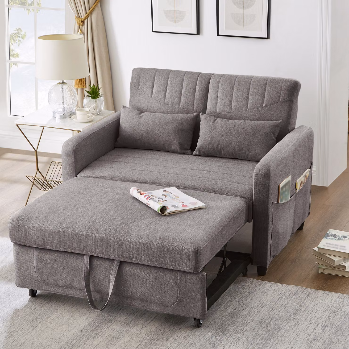Divano letto allungabile Merax 2 in 1 con schienale regolabile in tre posizioni, tessuto in cotone e lino traspirante, due posti con funzione letto, grigio