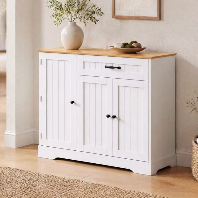 Credenza MIVRAY con 3 ante e cassetto in MDF bianco e naturale per soggiorno, ingresso o sala da pranzo