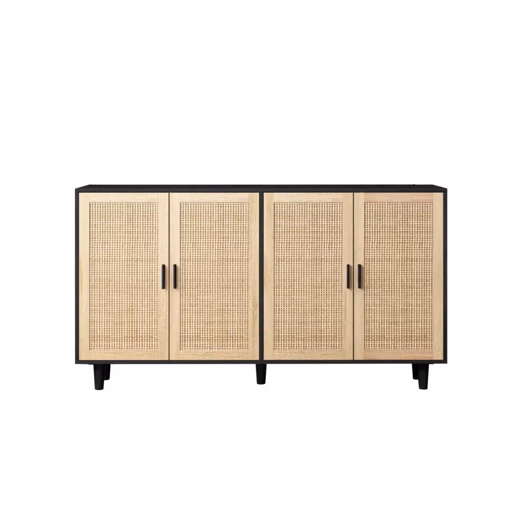 Mobile contenitore moderno con 4 ante in rattan e MDF nero L: 158 cm, P: 40 cm, H: 88 cm – 2