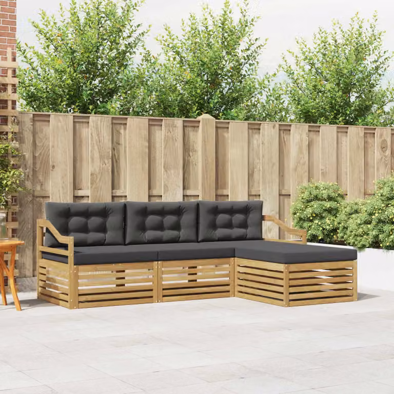 vidaXL Set di divani da esterno a L in legno di acacia con pouf, 4 pezzi, Bianco e Antracite