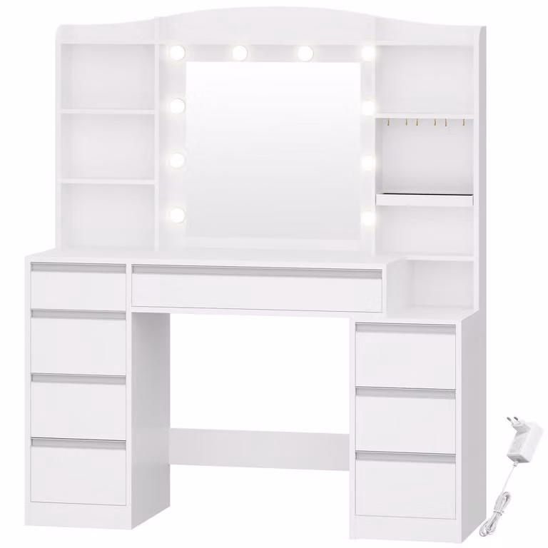 Comò da trucco con 8 cassetti, specchio con illuminazione RGB, ripiano porta gioielli, piano di lavoro da 100 cm, comodino, colore bianco