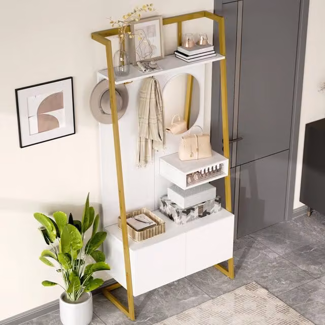 Mobile da ingresso moderno bianco con specchio, scarpiera e ganci in metallo in MDF