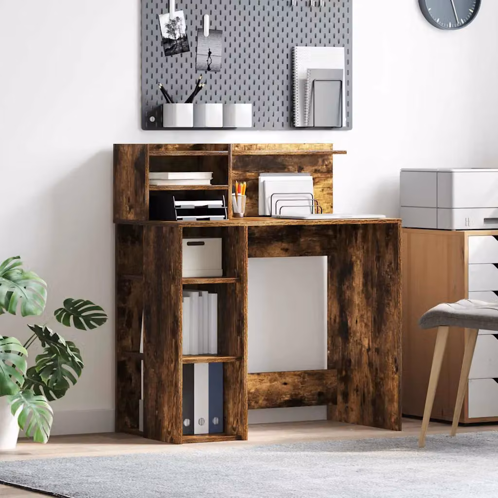 Scrivania moderna vidaXL in legno ingegnerizzato rovere fumé, L 90 cm x P 48 cm x H 101,5 cm