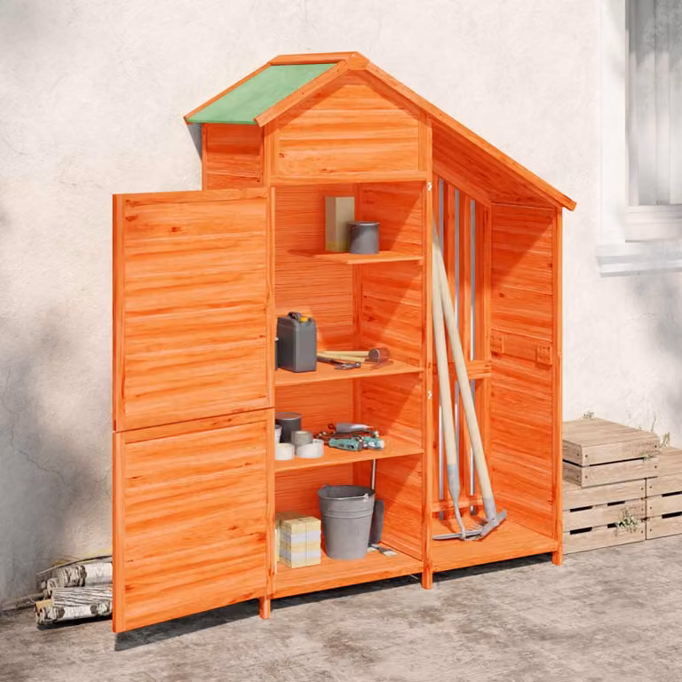 Rimessa da giardino vidaXL in legno massello di pino marrone con tetto a capanna L: 120 cm, P: 53,5 cm, H: 170 cm