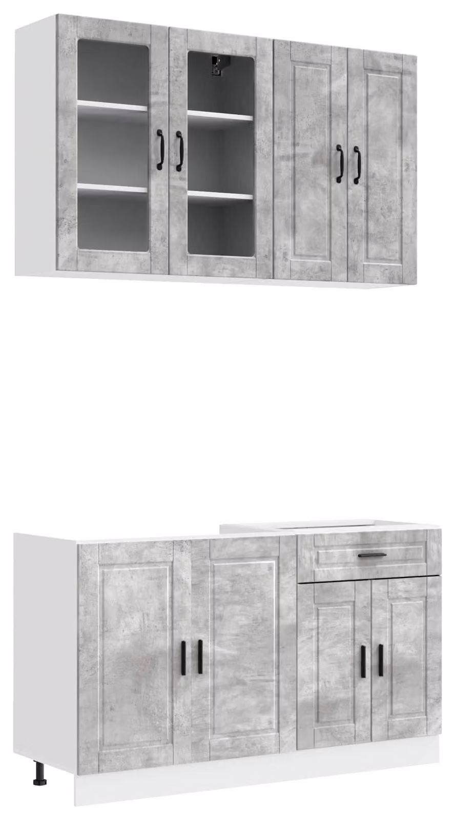 Set da cucina PORTO, composto da 4 elementi, colore grigio cemento, realizzato in materiale composito di legno