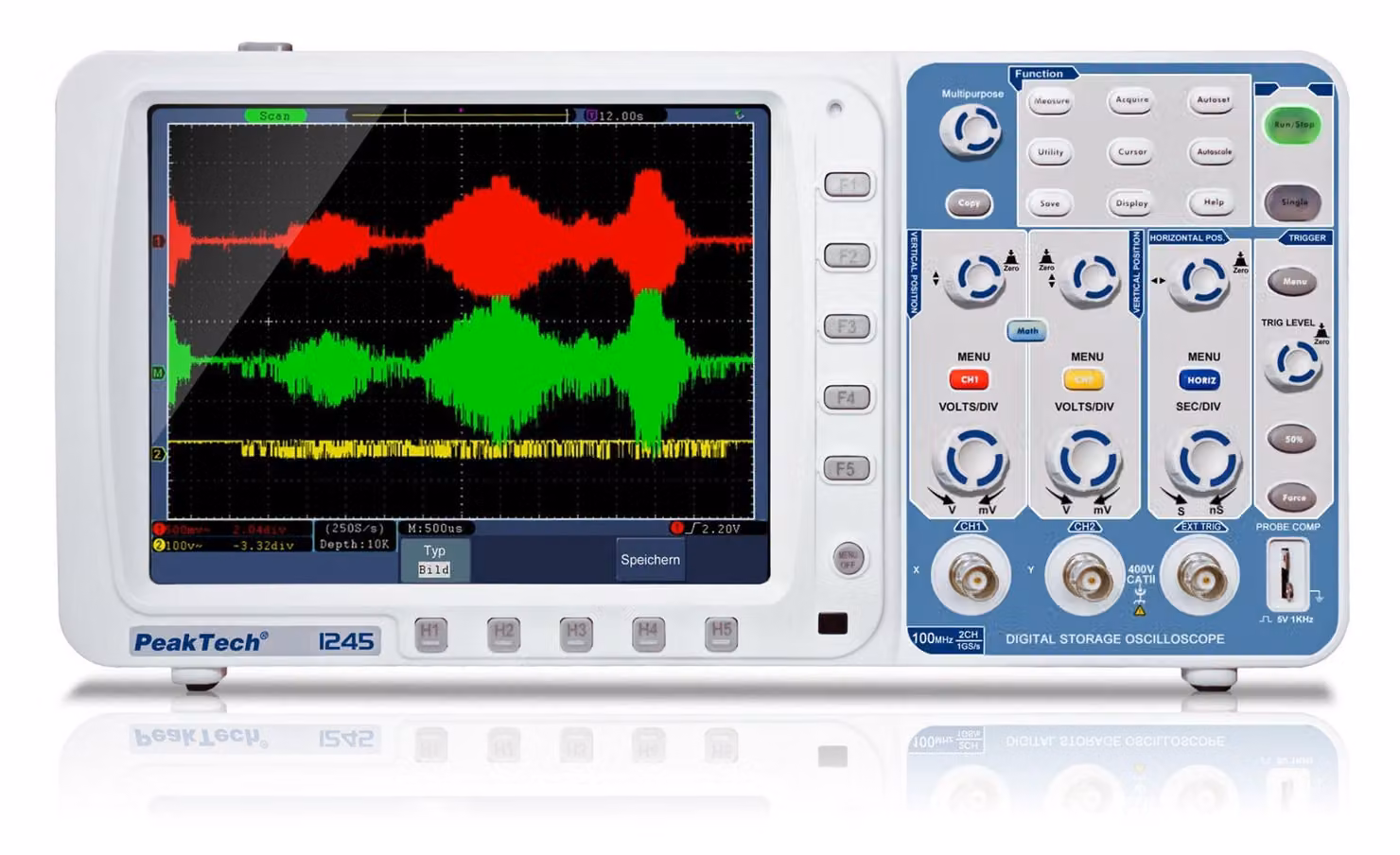 Oscilloscopio digitale PeakTech P 1245 - 2 canali, 100 MHz, 1 GS/s | display a colori, USB/LAN, funzione FFT e autoset