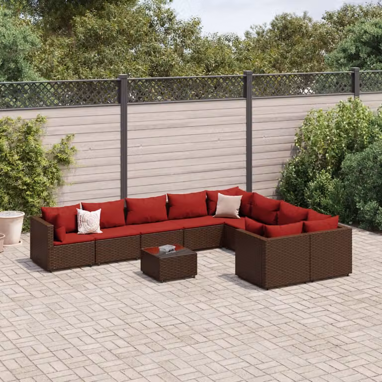 Set da giardino vidaXL in rattan marrone con cuscini, divano a 3 posti, elementi angolari e tavolino da caffè con struttura in acciaio verniciato a polvere