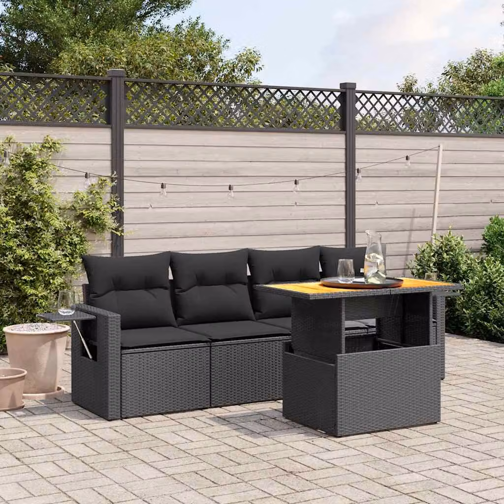 Set di divani da giardino vidaXL 5 pezzi in polyrattan nero con cuscini e tavolino da esterno – 1