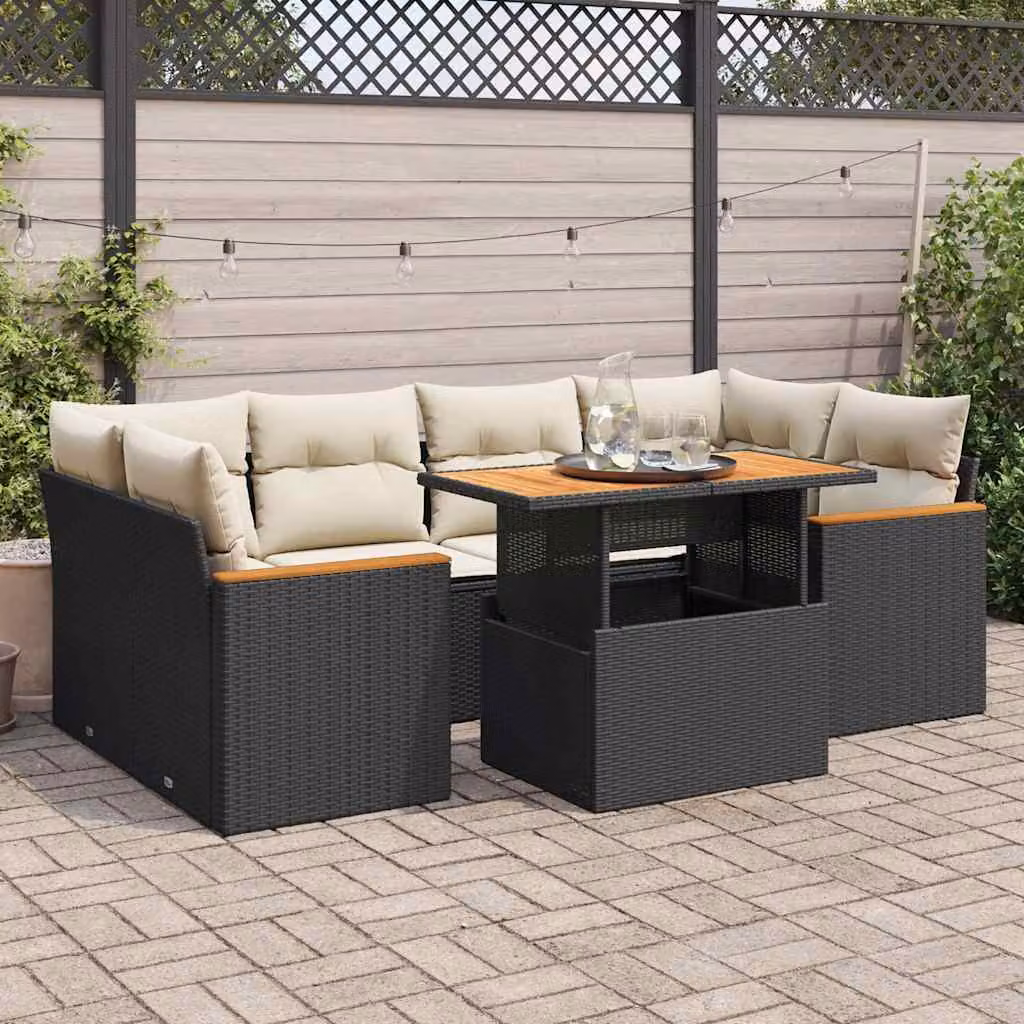 Set Divano da Giardino vidaXL 6 pz a Forma a L in Polyrattan e Legno di Acacia con Cuscini Bianchi e Tavolino Nero