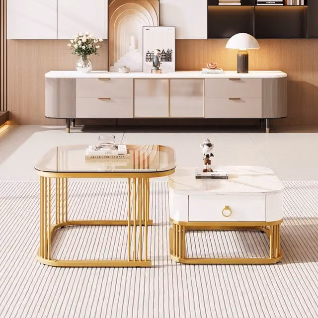 Set di due tavolini da salotto impilabili GL Store in marmo lucido e vetro bianco con dettagli dorati e cassetti, L/P/H: 60 x 60 x 42,5 cm e L/P/H: 50 x 50 x 34 cm – 1