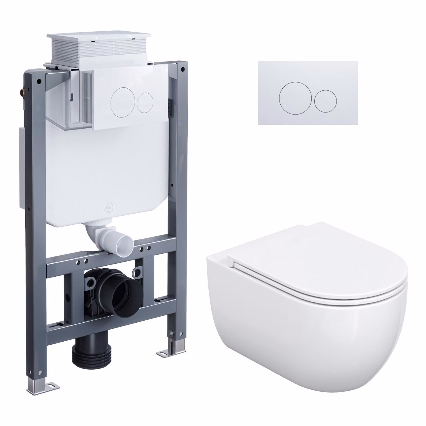 HOROW Set completo per WC sospeso - 82 cm: struttura a muro, cassetta di scarico nascosta, vaso WC sospeso, pulsante rotondo bianco