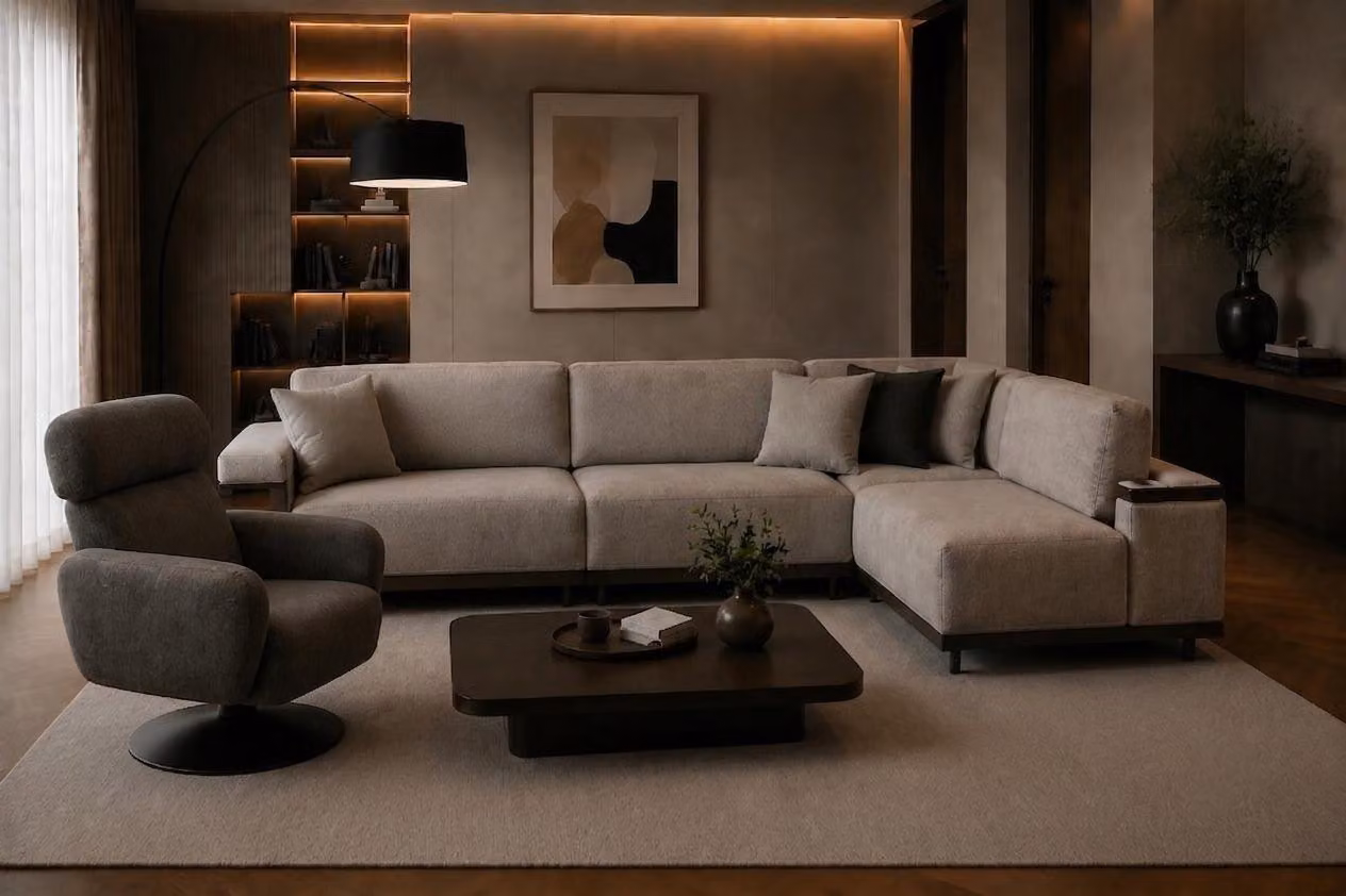 Set per soggiorno dal design intramontabile, composto da un divano angolare e una poltrona, color beige