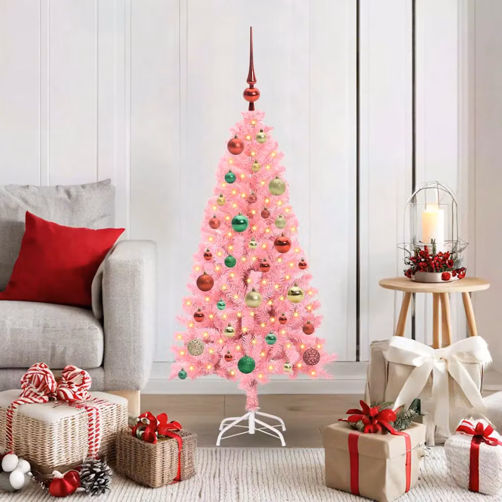 Albero di Natale moderno vidaXL rosa con luci LED bianco caldo in PVC, Altezza: 120 cm