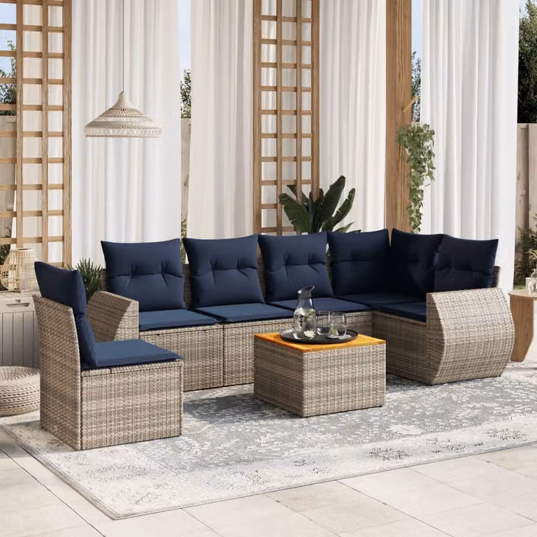Set da giardino vidaXL in 7 pezzi in polyrattan grigio con cuscini imbottiti e tavolino