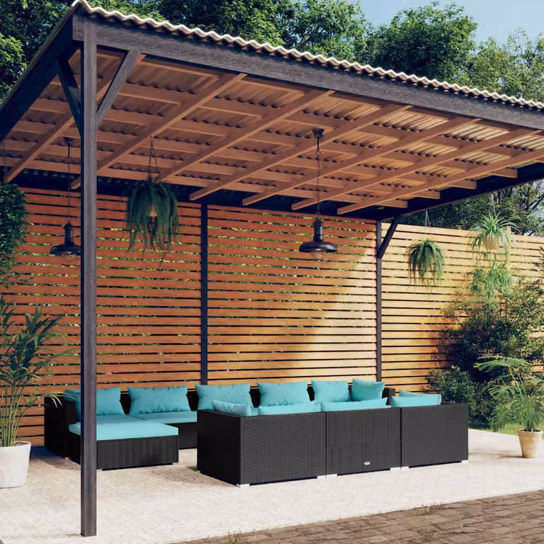 vidaXL Set Divani da Giardino 10 pz in Polyrattan Nero con Cuscini Blu e Rivestimenti Rimovibili