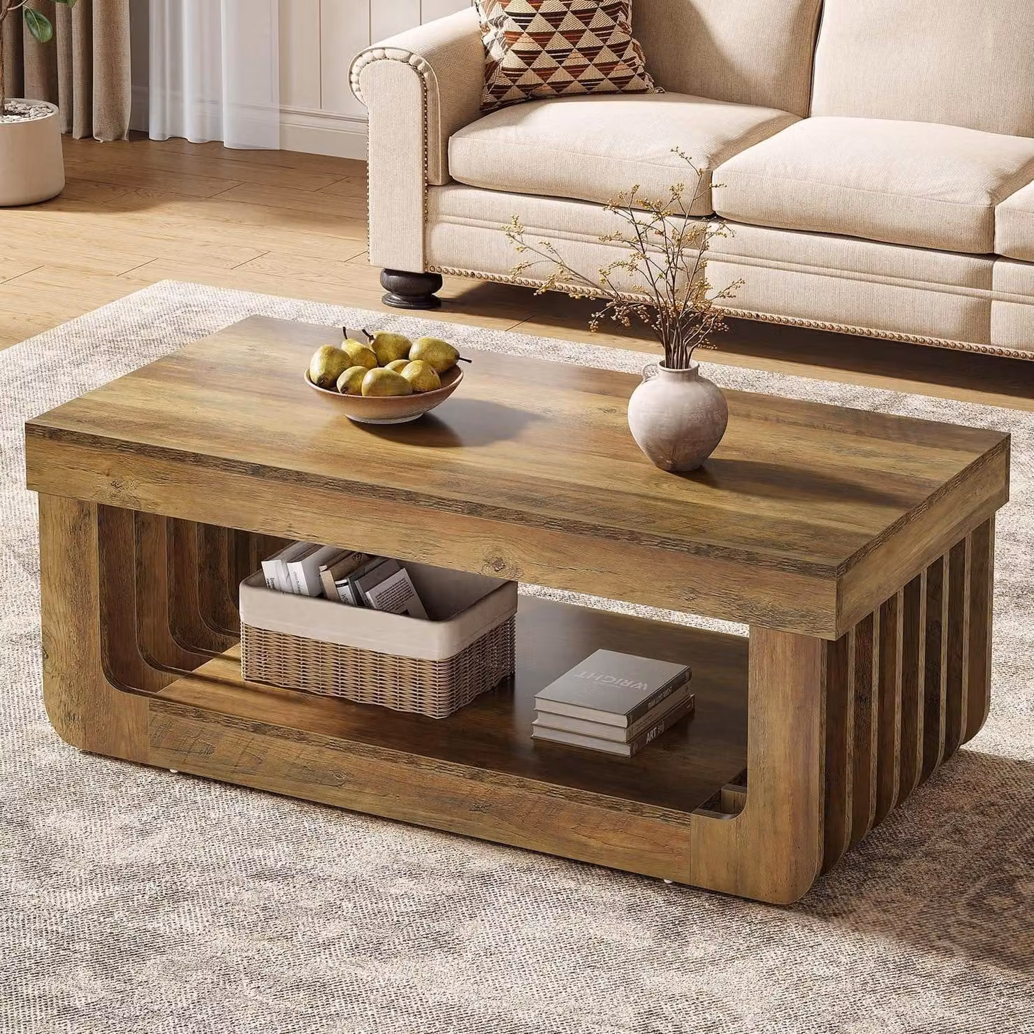 Tavolino rettangolare, 120 cm, effetto legno marrone, con spazio contenitivo