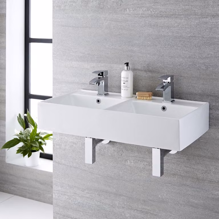 Lavabo Doble Moderno para Sobre Encimera Bianco - 820mm x 420mm con Anello di Troppopieno  Cromato - Halwell